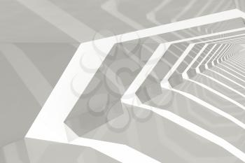 Abstract cg background with empty white shining tunnel interior perspective, 3d render illustration