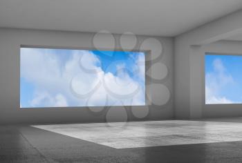 Empty white room with wide windows and shiny concrete floor, abstract interior background, 3d render 