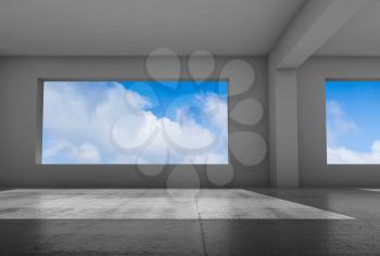 Empty room with wide windows and concrete floor, abstract interior background, 3d render illustration