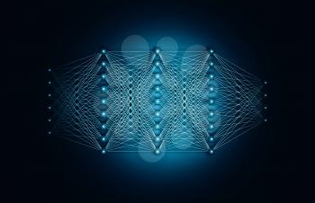 Artificial deep neural network structure, frontal view. Digital illustration with schematic blue model, 3d render