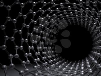 Single-walled zigzag carbon nanotube. Hexagonal molecular structure, perspective view on black background, 3d illustration