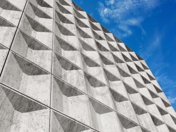 White concrete wall with decorative relief tiling pattern under blue sky. Abstract Minimalism architecture background, 3d render illustration