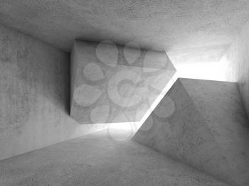 Abstract concrete interior with white window and cube shaped installation, 3d render illustration