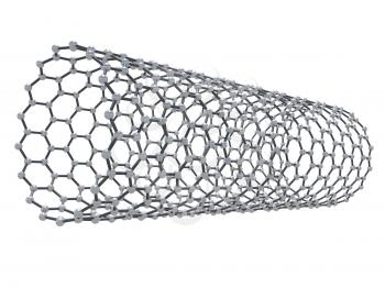 Carbon nanotubes molecule structure, atoms in wrapped hexagonal lattice isolated on white background, 3d illustration