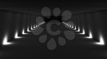 Abstract dark empty tunnel interior perspective with ground spot lights illumination. Digital 3d illustration