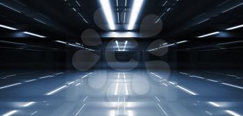 Abstract dark tunnel perspective with neon lights illumination. 3d illustration