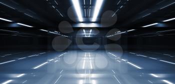 Abstract dark tunnel perspective with neon lights illumination. 3d illustration