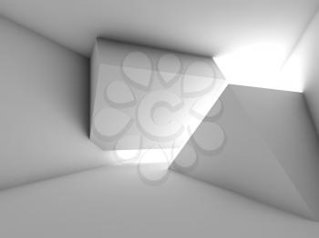 Abstract white empty interior with cube shaped installation, 3d render illustration