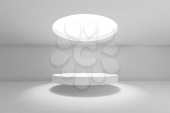 Abstract white minimal interior background, showroom with round ceiling light and flying table. Front view. 3d render illustration
