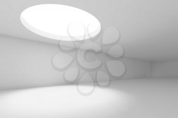 Abstract white empty interior background, wide showroom with round ceiling light window. 3d render illustration