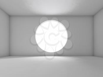 Abstract white interior, empty room with round window, front view. Background, 3d illustration