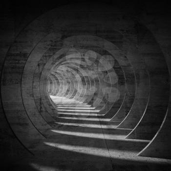 Empty dark concrete tunnel interior with perspective effect. Square 3d illustration