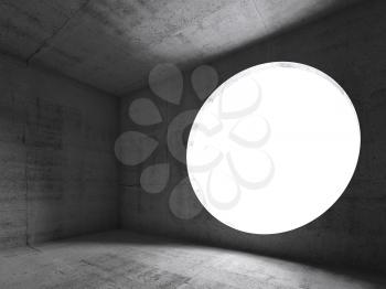 Abstract concrete interior background, empty room with round window. 3d illustration