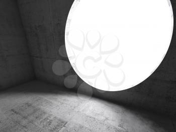 Abstract dark concrete interior, empty room with round light window. 3d render illustration
