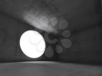Abstract dark concrete interior background, empty room with round light window. 3d render illustration
