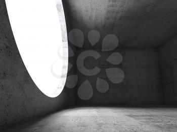 Abstract dark concrete interior background, empty room with round light window. 3d illustration