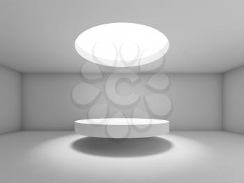Abstract empty interior background, showroom with round ceiling light and table under it. 3d render illustration