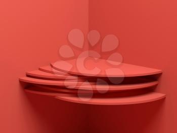 Red cylindrical shelf installation in empty corner, 3d render illustration