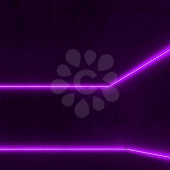 Abstract empty dark interior with purple neon light lines, square 3d render illustration