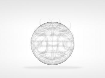 Wire frame spherical object with soft shadow over white background, 3d rendering illustration
