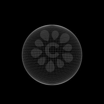 White wire frame sphere isolated on black background, square digital illustration, 3d rendering