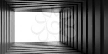 Empty shiny black metallic tunnel perspective with white glowing end, abstract digital graphic background, 3d rendering illustration