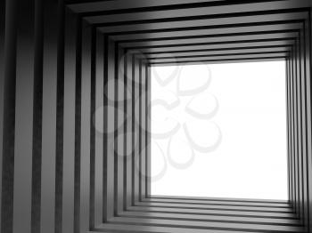 Blank shiny black tunnel perspective with white glowing end, abstract digital graphic background, 3d rendering illustration