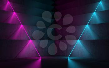 Abstract empty dark concrete interior background with stairs corner and colorful neon lights, 3d rendering illustration