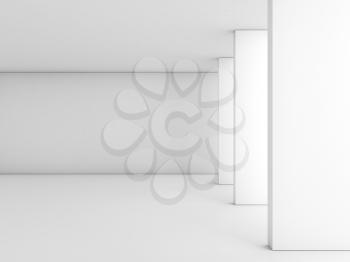 Abstract empty white hall interior with columns near light window, minimal architecture background, 3d rendering illustration