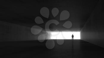 A man standing in the end of an empty dark concrete corridor, 3d rendering illustration