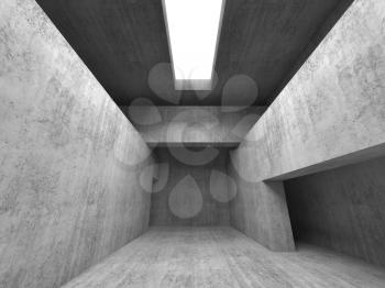 Abstract empty dark interior perspective background. Gray concrete walls, girders and blank white ceiling skylight, 3d rendering illustration