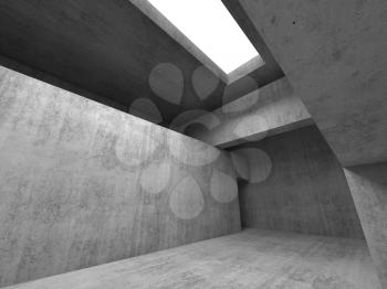 Abstract empty dark interior background. Gray concrete walls, girders and blank white ceiling skylight, 3d rendering illustration