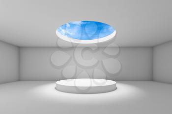 Abstract empty interior, showroom with blue sky behind round ceiling window and stage under it. 3d rendering illustration