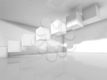 Abstract modern interior design with cubes installation. Empty white architecture background, 3d illustration