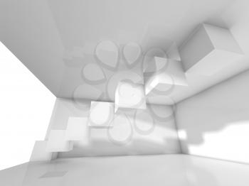 Abstract modern white interior design with cubes installation. Empty architecture background, 3d illustration