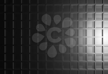 Abstract black shining digital background with square technological relief pattern on the wall, 3d illustration