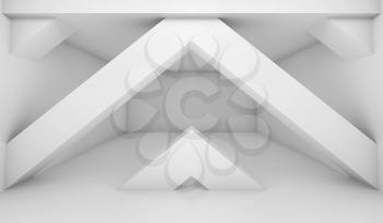 Abstract white room with decorative geometric installation, blank interior background, 3d illustration