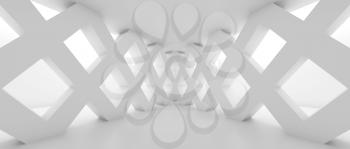 Abstract empty corridor with partitions made of diagonal cell girders, blank interior background, 3d illustration