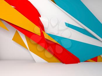 Abstract white interior background, colorful polygonal installation on front wall, 3d illustration