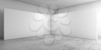 Abstract empty interior, corner of white installation on concrete floor, contemporary architecture design. 3d render illustration