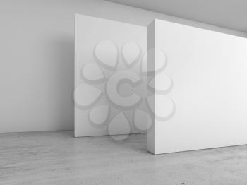 Abstract empty white interior background, blank banners installation on concrete floor, contemporary architecture design. 3d illustration