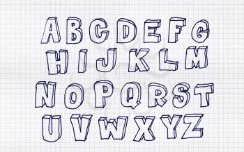 Hand drawn abc, doodle style. Blue letters over white squared paper background, sketch illustration