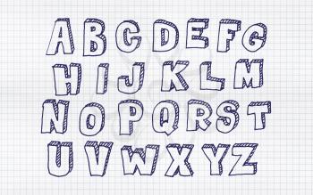 Hand drawn abc, doodle style. Blue letters over white squared paper background, sketch illustration