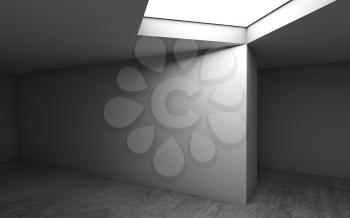 Abstract contemporary architecture template, empty room interior background. Concrete floor, white walls and square ceiling light window. 3d render illustration