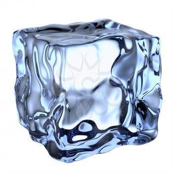 One blue clear ice cube isolated on white background