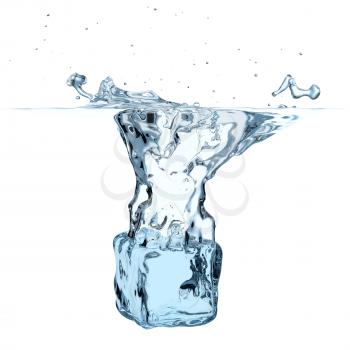 Blue ice cube dropped to water with splash isolated on white background
