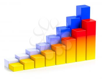 Creative abstract statistics, financial growth, business success and development concept: bright colorful growing bar chart in two rows on white background with reflection, 3d illustration