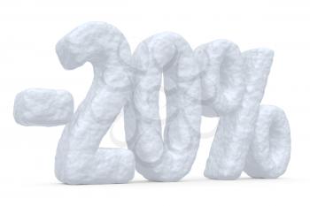 Winter retail sale, commercial and business advertisement creative abstract concept, christmas sale discount offer, snowy special 20 percent price cut off text made of snow isolated on white