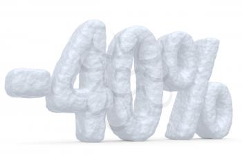 Winter retail, sale, commercial and business advertisement creative abstract concept: christmas sale discount offer, snowy special 40 percent price cut off text made of snow isolated on white