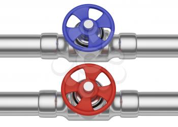 Plumbing pipeline with cold water and hot water pipes water supply system industrial construction: red valve and blue valve on two steel pipes isolated on white background, industrial 3D illustration,